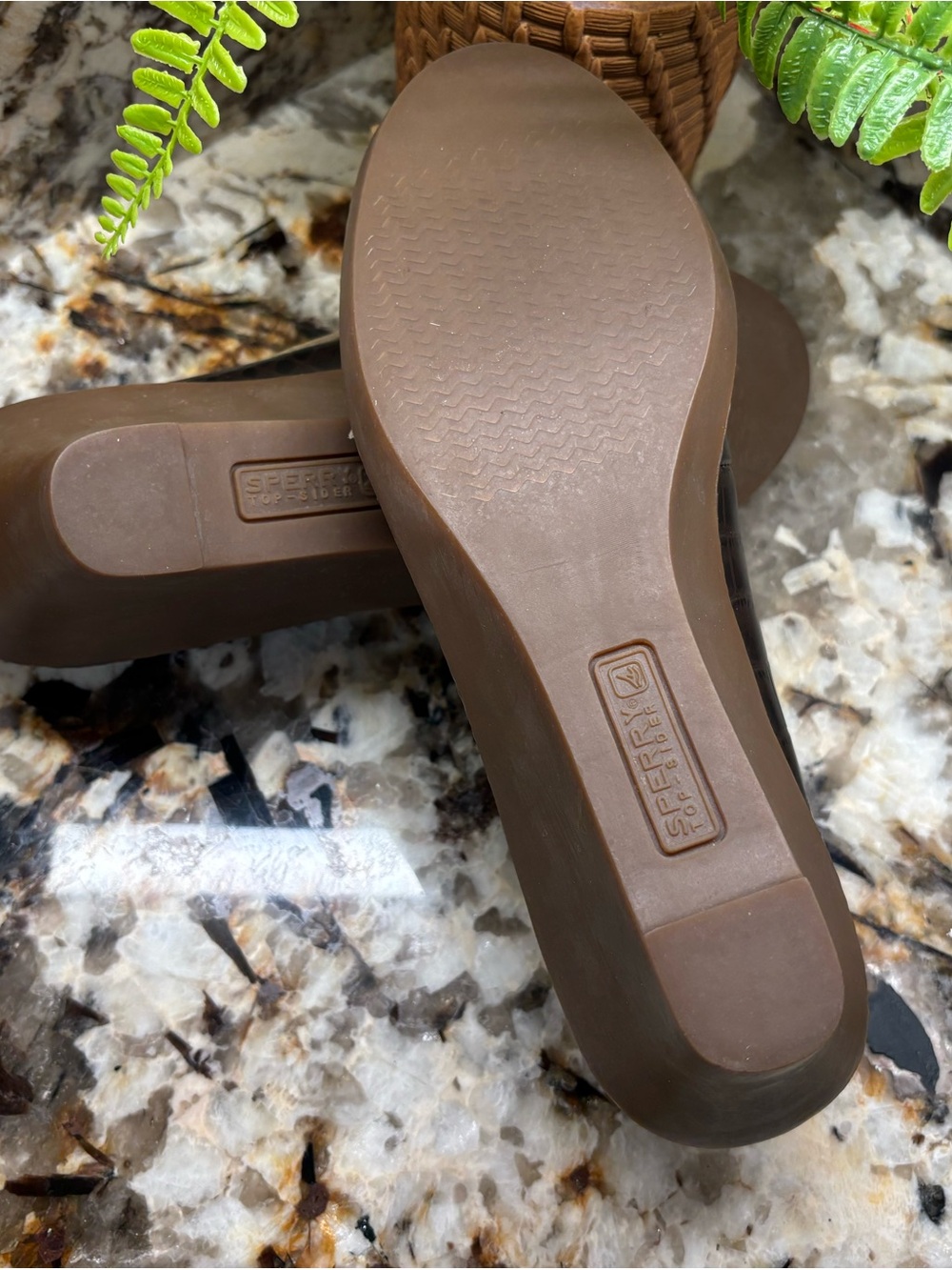 Sperry Dark Brown Textured Leather Moccasin Wedges with Tan Bow - Picture 5 of 9